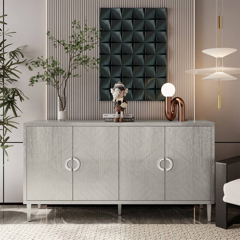 4-Door Sideboard Storage Cabinet with Solid Wood Veneer - Grey