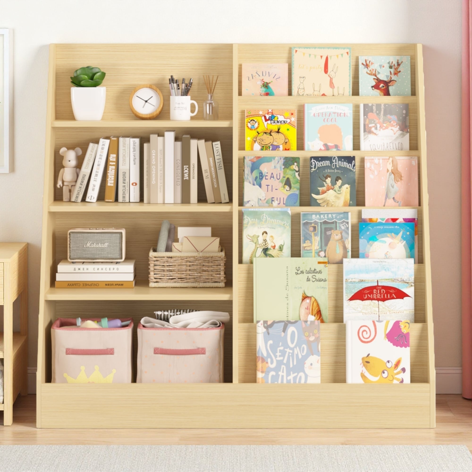 33.47"H 4-Tier Kids Bookshelf and Toy Storage Organizer, MDF Wood, Multi-layer Display Stand with Toy Storage Bin, for Nursery