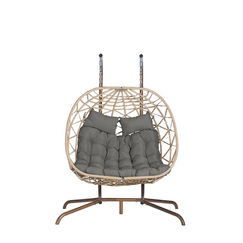 Double Rattan Egg Chair with Stand and UV-Resistant Cushions and Iron Frame - Outdoor Hanging Swing (600lb Capacity)