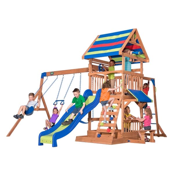slide 2 of 13, Backyard Discovery Beach Front Cedar Wood Swing Set, Slide, Play Deck - 14'1" x 14'5" Brown - Swing Set - 14'1" x 14'5" - Kids