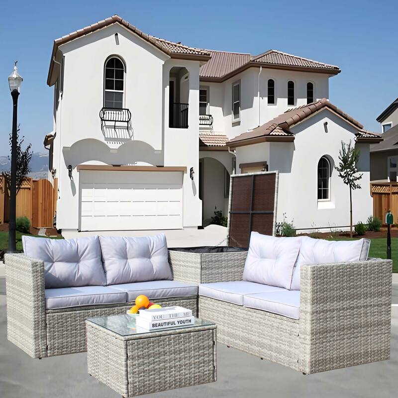 4 Pcs Patio Furniture Set, All Weather Outdoor Conversation Set, Wicker Rattan Sectional Sofa Set with Storage Box and Table