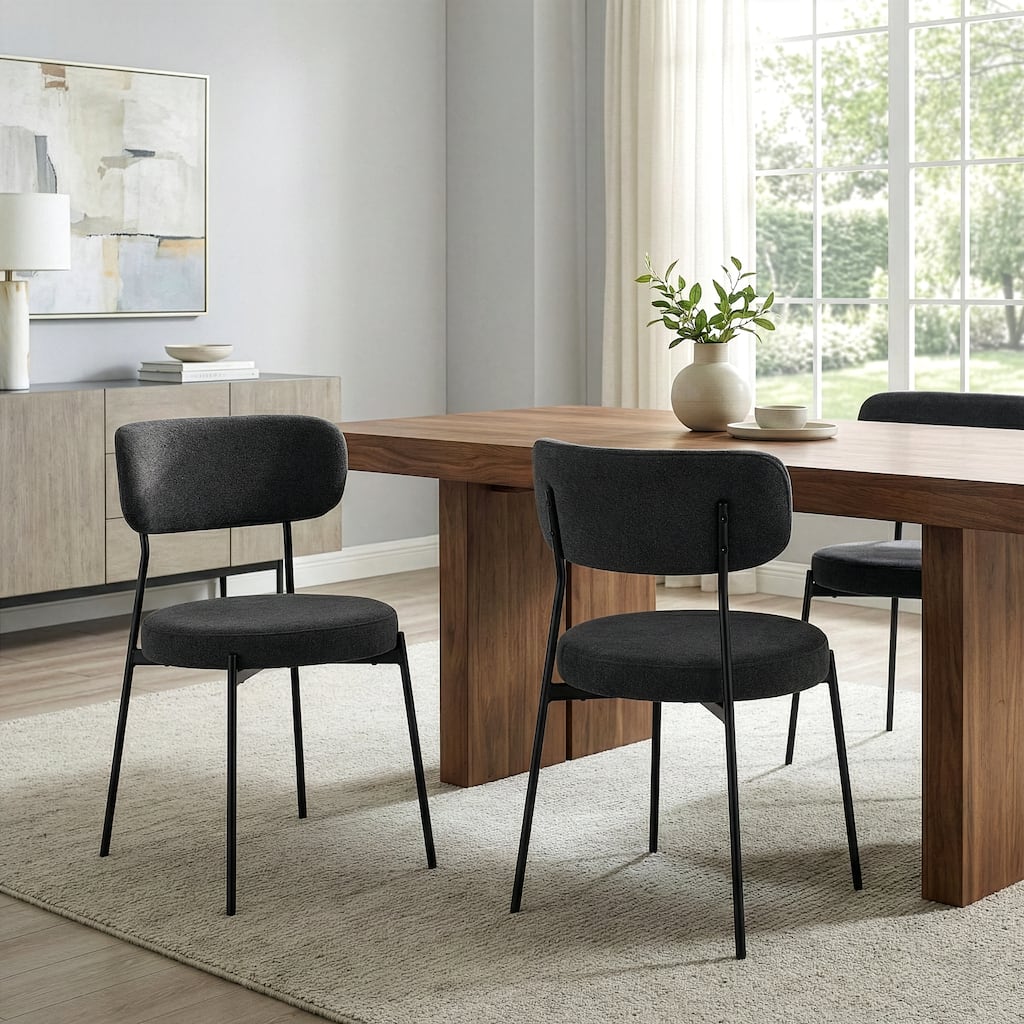 Set of 2 Aya Black Chenille Dining Chair with Black Steel Legs