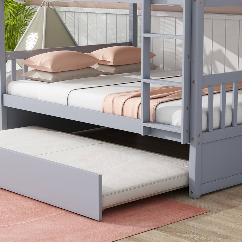 Full Over Full with Trundle, Convertible to 2 Full Platform Beds,Bunk Bed with Ladder and Safety Guardrails