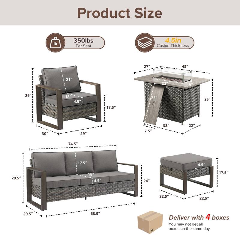Meyreso Wicker Patio Conversation Set with Fire Pit Table & Olefin Cushions