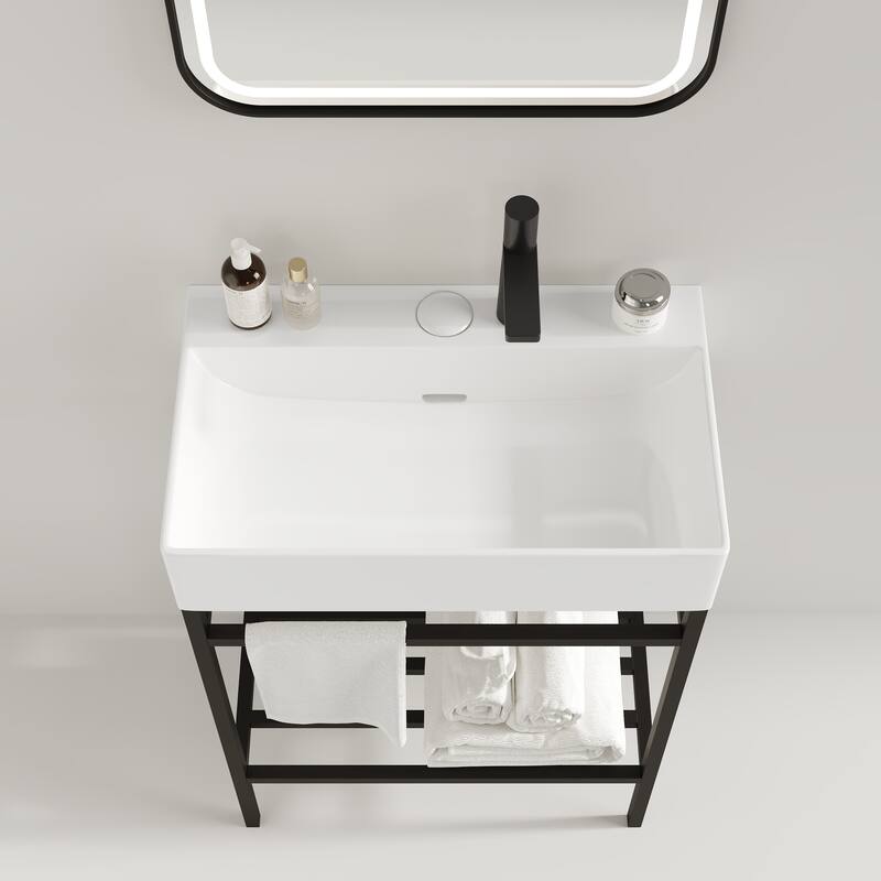 GDFStudio - Lofi Modern 24" Ceramic Basin with Drainer Control Button, Glossy Finish, WITHOUT Cabinet