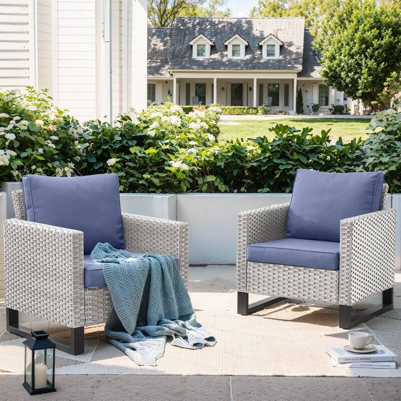 Patio Chairs Wicker Patio Dining Chairs Set of 2 - Light Grey - Blue