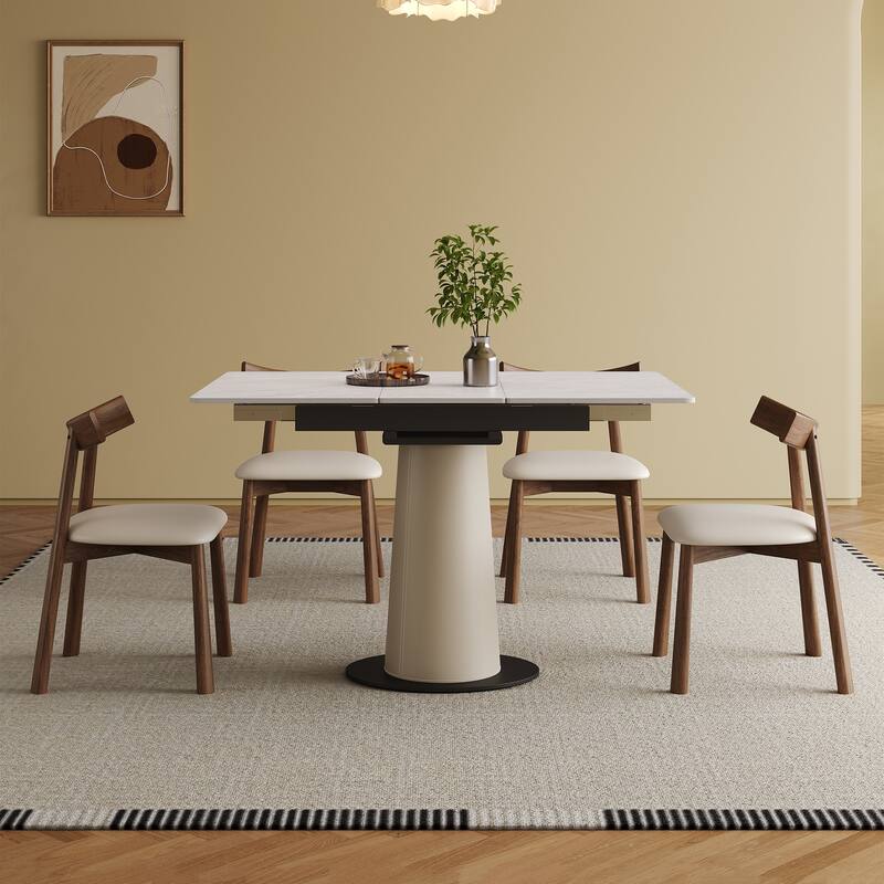 Roomfitters Retractable Rock Slab Dining Table Set, Modern Expandable Square Table with 6 Chairs, White - White+Black - 4 Chair