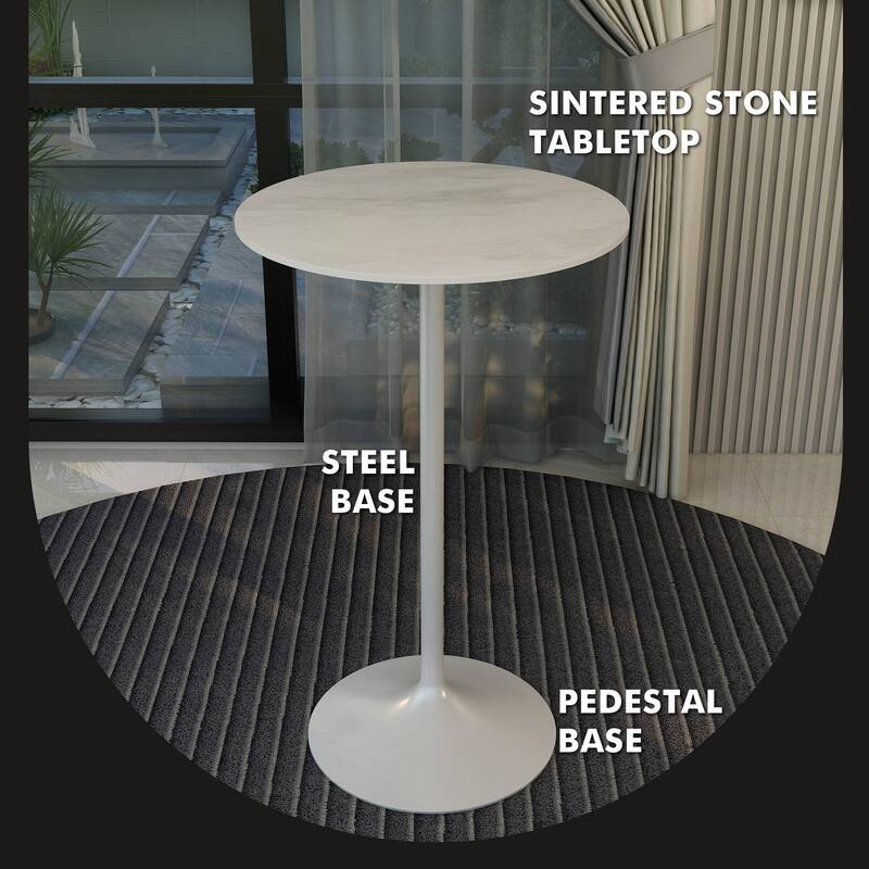 LeisureMod Verve 27" Bar Dining Table with Sintered Stone Round Top in White Steel, White Marbleized