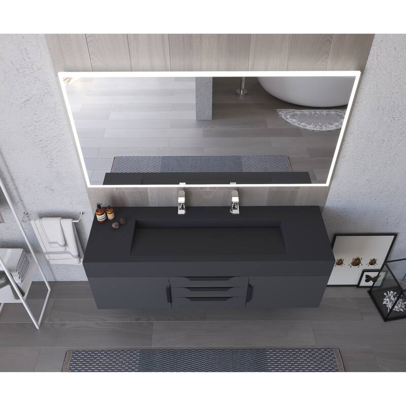 Nile 60" Wall Mounted Bathroom Vanity Set w/ Black Top