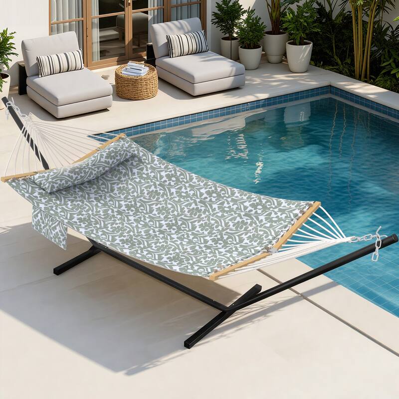 EROMMY Modern Portable Hammock, Hand-Woven Ropes, Anti-Tipping Design for Backyards, Beaches & Campsites - With Stand - Gray Floral