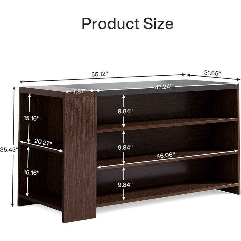 Dark Brown Kitchen Island with Storage Shelves and Spacious Tabletop for Home Cooking - 55.12”L x 21.65”W x 35.43”H