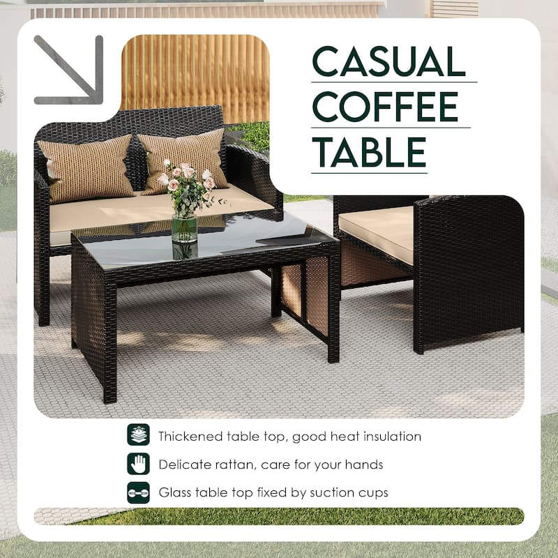 EROMMY 4-Piece Patio Furniture Set with Cushions, Wicker Sofa and Glass Coffee Table, All-Weather PE Rattan Conversation Set.