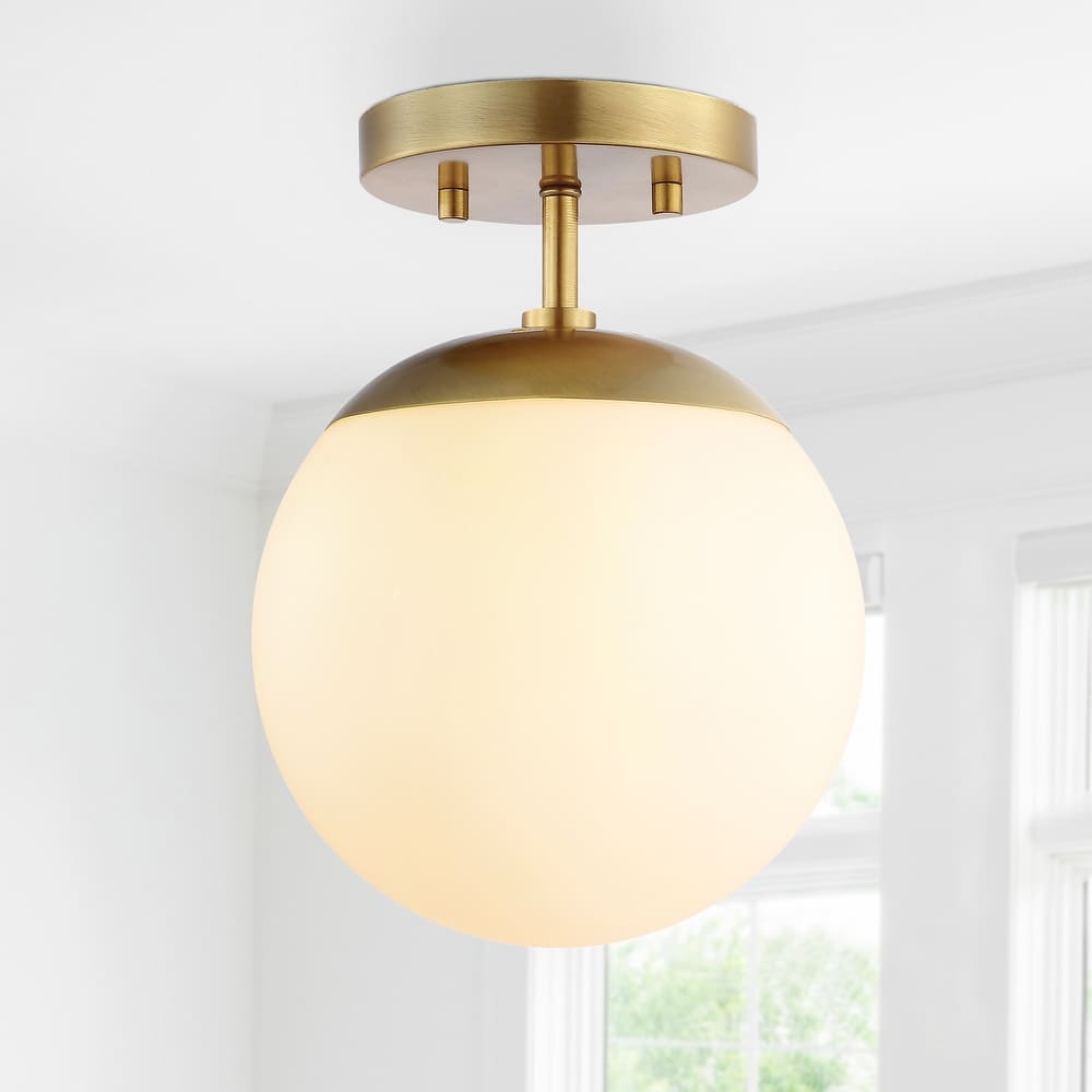 Galax Bistro 7.75" 1-Light Bohemian Farmhouse Iron/Frosted Glass LED Semi Flush Mount, Brass Gold/White by JONATHAN Y