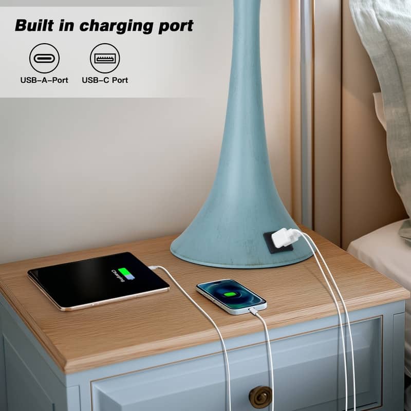 Set of 2 Modern 26-Inch Table Lamps with Dual USB Charging Ports and Oatmeal Fabric Shades - 12'' x 12'' x 27.5''