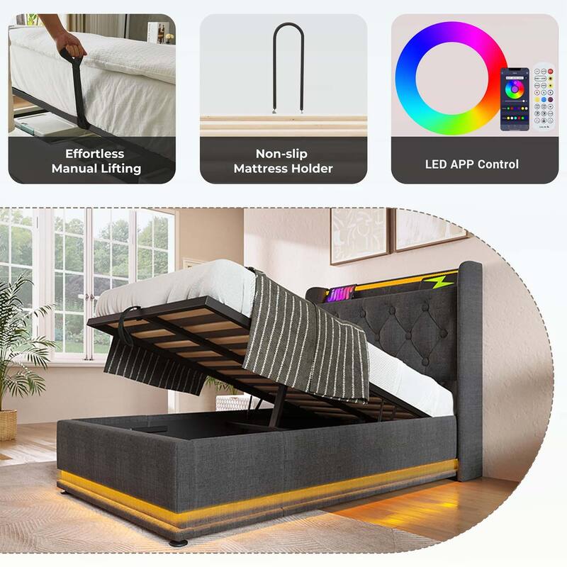 Classic Upholstered Bed with 360 LED Lighting,Hydraulic Storage,and USB Charging