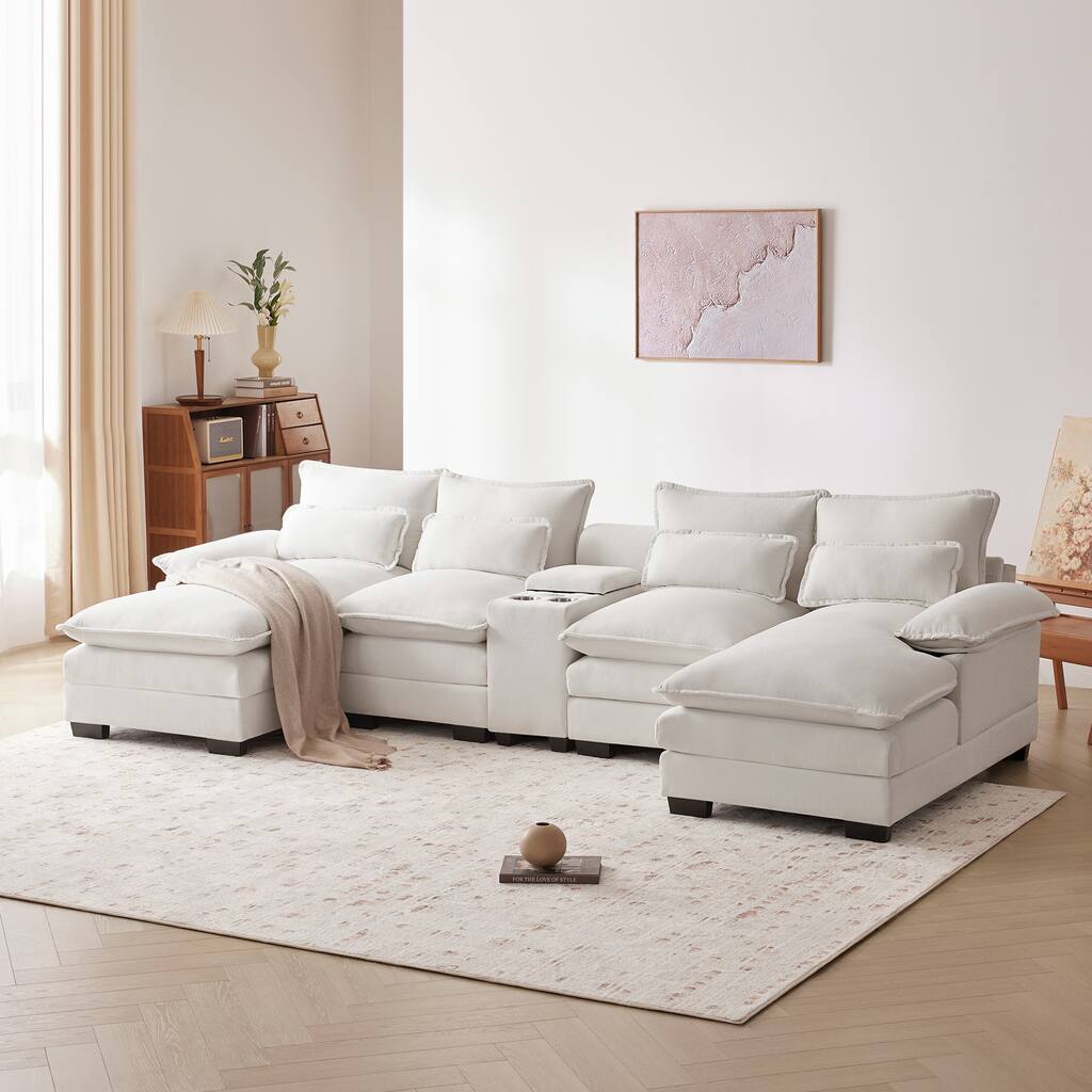 U-Shaped Sofa With Console,Cupholders And Usb Ports,Upholstered Symmetrical Indoor Furniture,Sleeper Couch Set With Chaise
