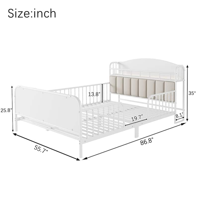 Kids Platform Bed Metal Frame with Linen Fabric Upholstered Storage Headboard Built-in Light Strip, Both Sides Rails