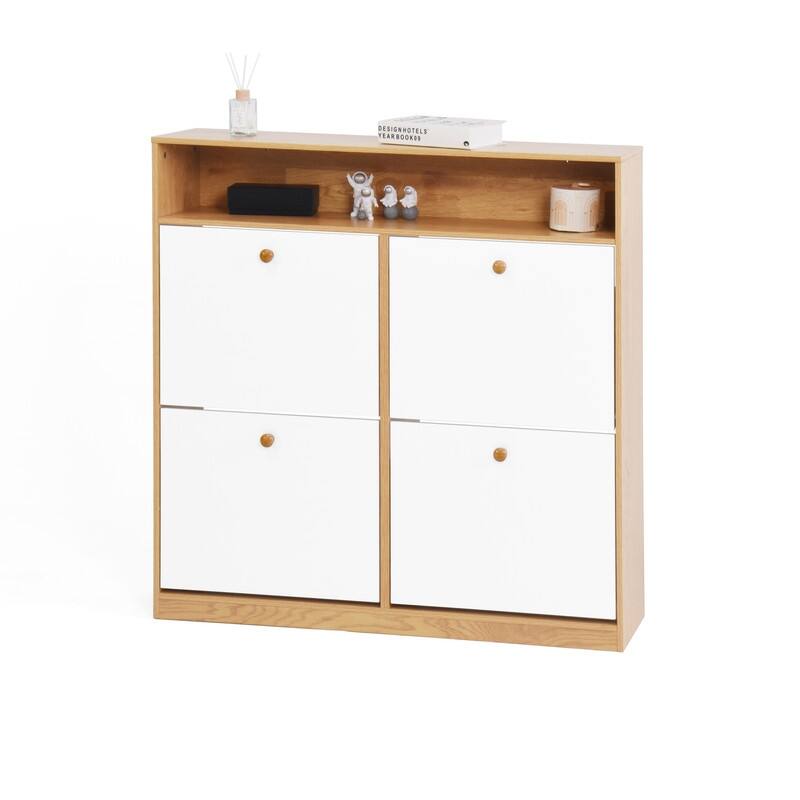 Slim 4-Door Flip Shoe Cabinet with Top Shelf & Anti-Tip Safety Feature