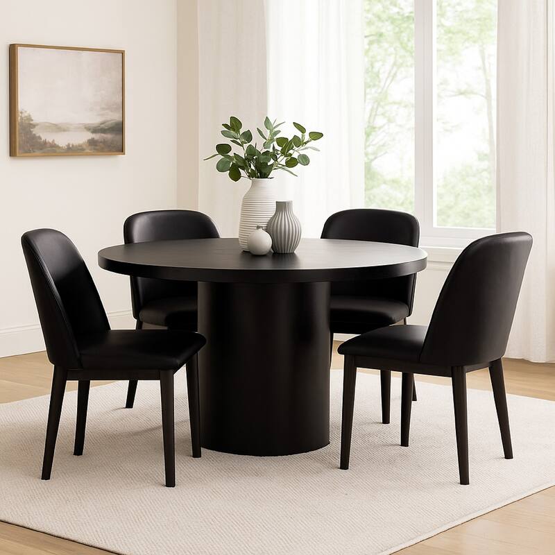 Reny Dining Table, 54 Inch, Round Black Acacia Wood Top, Iron Pedestal