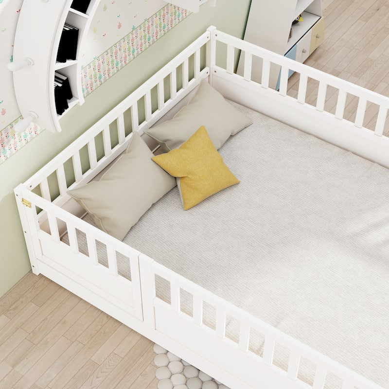 Pine Floor Bed with Guardrail & Door