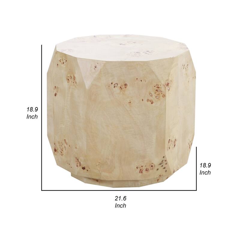 Cid Hy 22 Inch Side End Table, Burl Wood Veneer Drum, Natural Brown