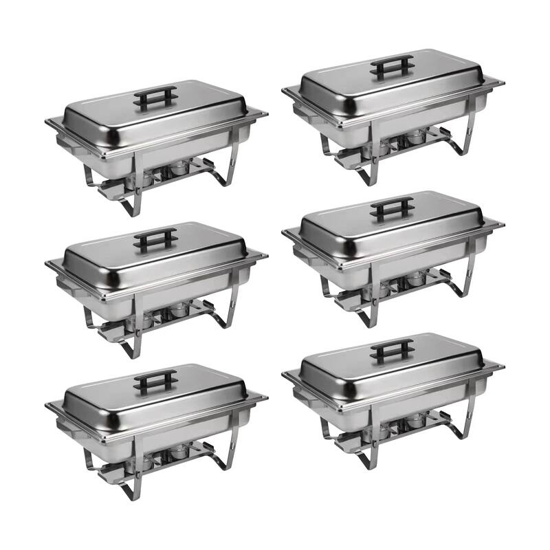 6 Pack Chafing Dish Buffet Set 9QT Stainless Steel Rectangular Large Capacity Catering Chafer Warmer with Covers with Water Pan - Silver