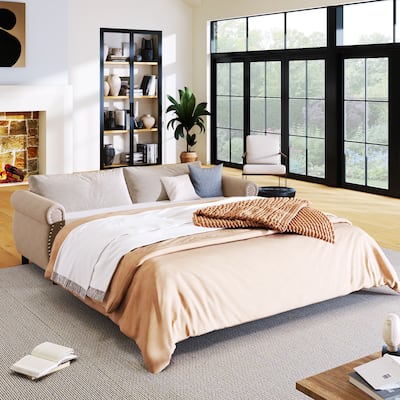 2-in-1 Loveseat Convertible Pull-out Sleeper Sofa Bed, Tufted Sofa with Adjustable Backrest, Rivet Arm Lounge Couch