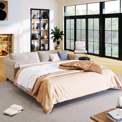 Beige 80.7" Pull-Out Sleeper Sofa Bed with Foam Mattress