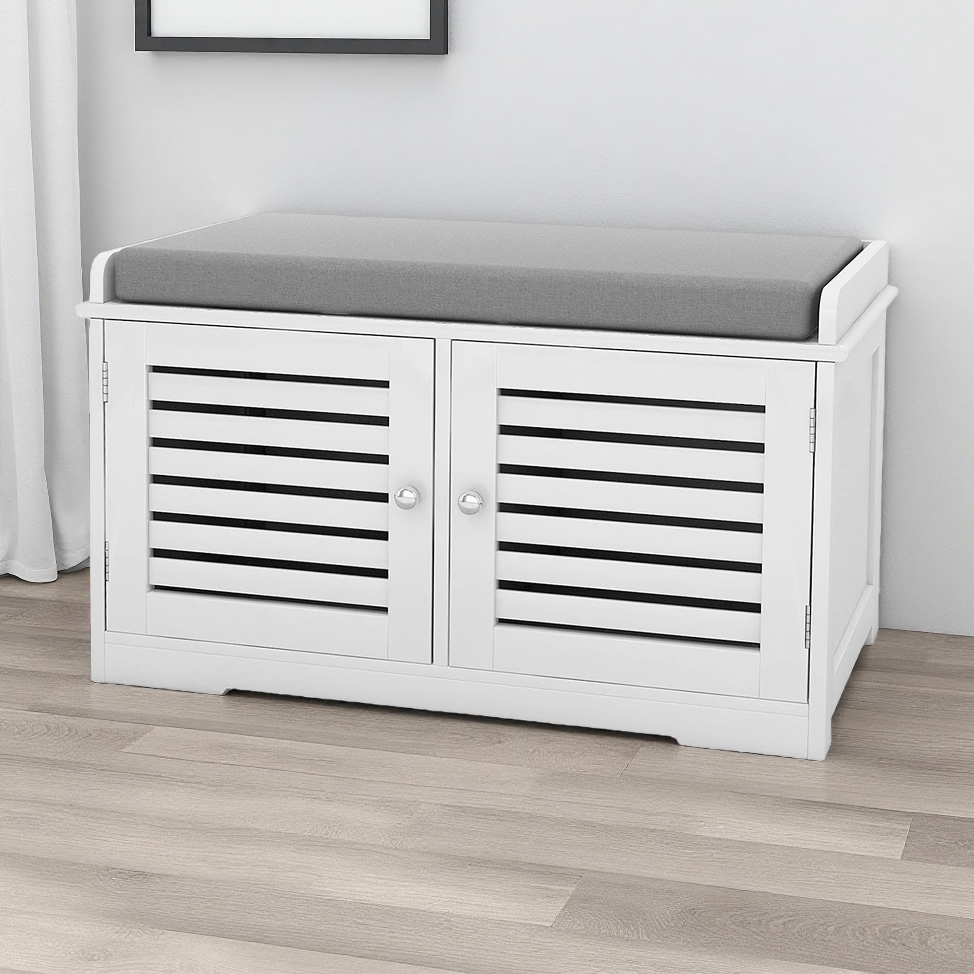 28"L Shoe Storage Bench with Padded Cushion, 2 Barn Doors, Storage Cubbies