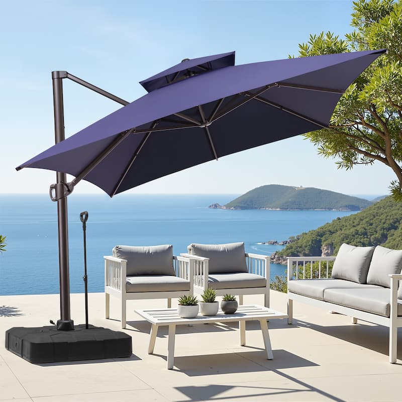 10 x 13 ft Outdoor Aluminum Double Top Patio Offset Cantilever Umbrella with Base - Navy Blue