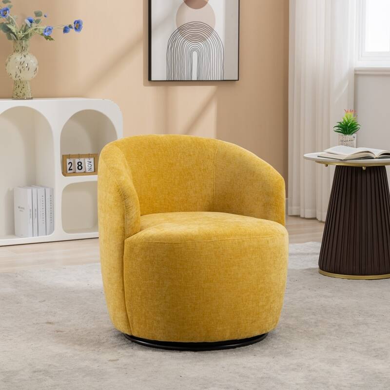 Chenille Fabric Swivel Accent Barrel Armchair with Coating Metal Ring - Yellow