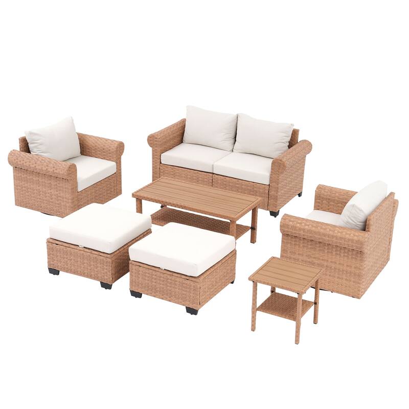 Outdoor 7-Piece Pe Rattan Garden Patio Sofa Set with Swivel Chair
