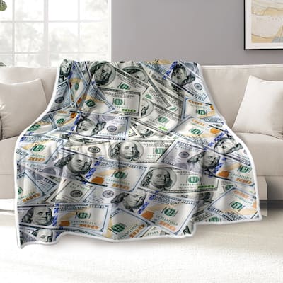 Money Flannel Fleece Blanket 100 Dollar Bills Pattern Print for Couch Bed Sofa