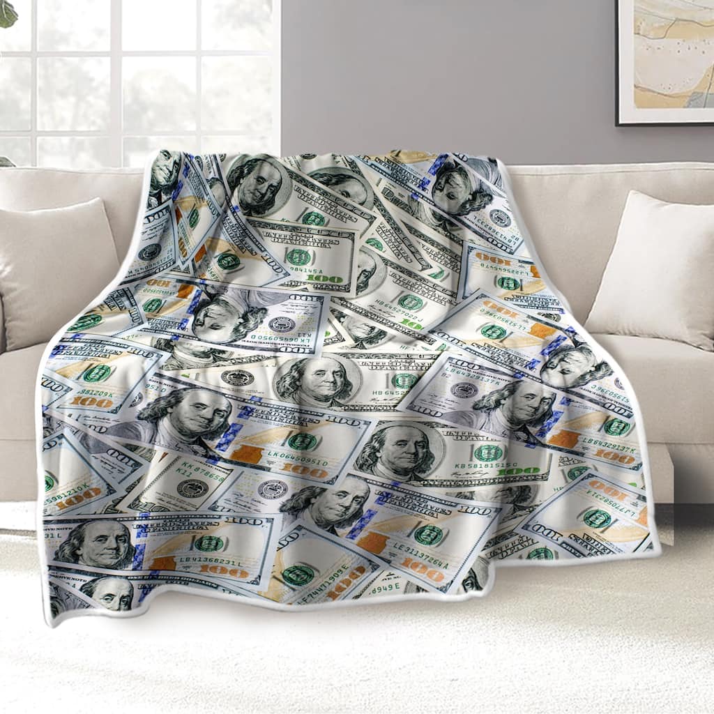 Money Flannel Fleece Blanket 100 Dollar Bills Pattern Print for Couch Bed Sofa
