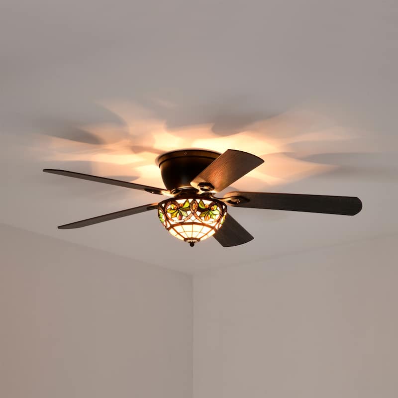 Peacoo 52-Inch Flushmount Lighted Ceiling Fan Ivory Leaf Berry Tiffany Glass Lamp Black Finish