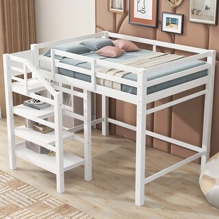 Full Size Pine Loft Kids Bed Frame with Built-in Storage Staircase and Clothes Hanger, Maximized Under-Bed Space, White