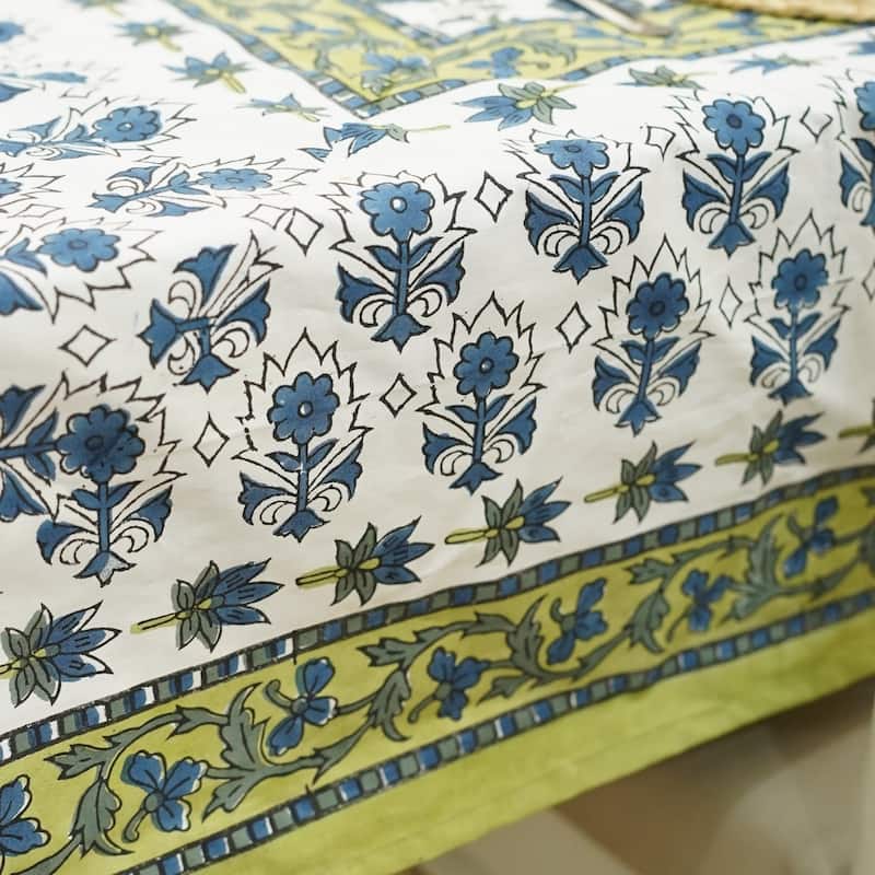 Fabdivine Handmade Block Print Cotton Table Cover Farmhouse Dining Kitchen Decor Gift - 72"X118" - Madhubala- Dark Blue, Green, Grey
