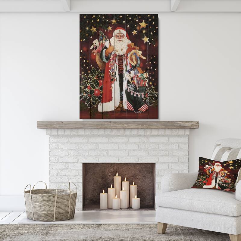 Designart 'Happy Santa Claus Magic of Christmas' Print on Natural Pine Wood - Red