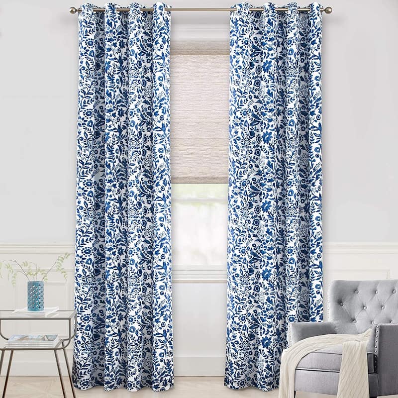 Porch & Den Ouzel Floral Watercolor Blackout Lined Window Curtain Panel Pair - 52" width X 120 " length - Navy