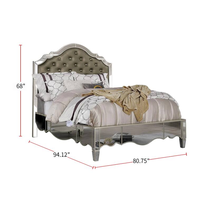 Leatherette And Wooden Bed with Button Tufted Design in Silver