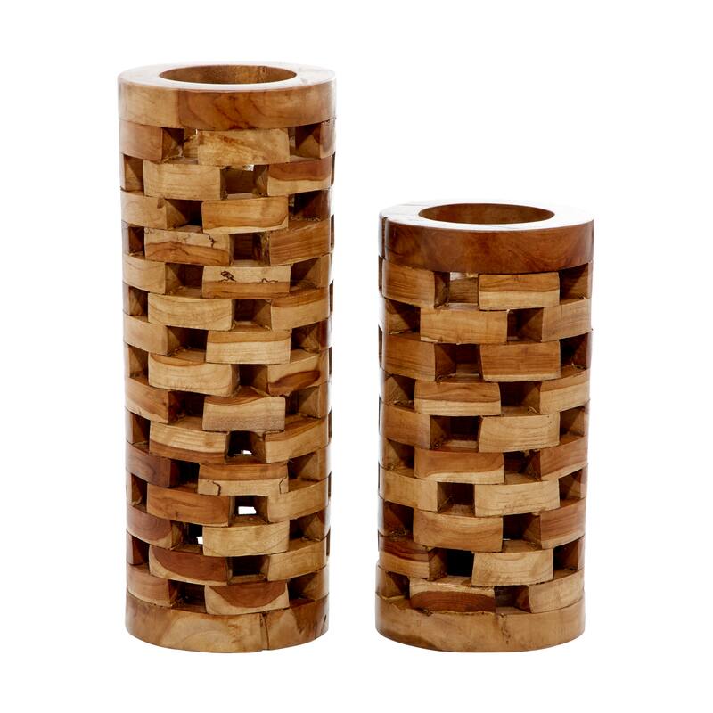 Brown Teak Wood Handmade Decorative Vase with Cut Out Patterns (Set of 2)