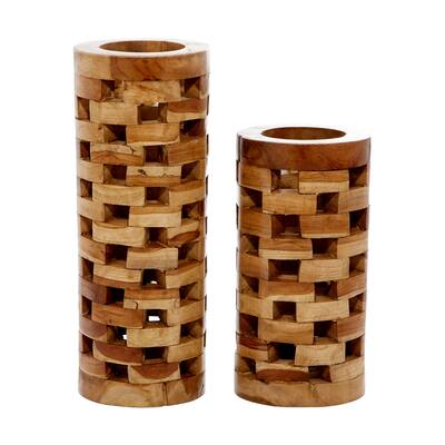 Teak Wood Handmade Vase with Cut Out Patterns - Set of 2 Brown - Roche River Decor - 6"W x 6"L x 16"H