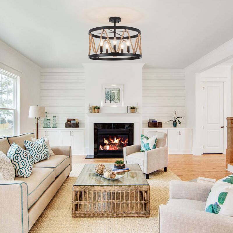 19.68" Wide Rural Drum Chandelier, 5-Light Semi-Flush Mount Lighting with Cage Lamp-Shade, Pendant Light for Dining Room
