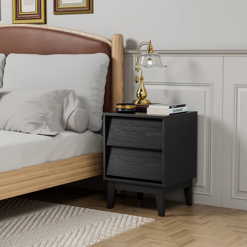 Set of 2 Mid-Century Modern MDF Nightstands, Bedside Storage Cabinet with Hidden Drawer Pulls, Side Table with Solid Wood Legs - Black