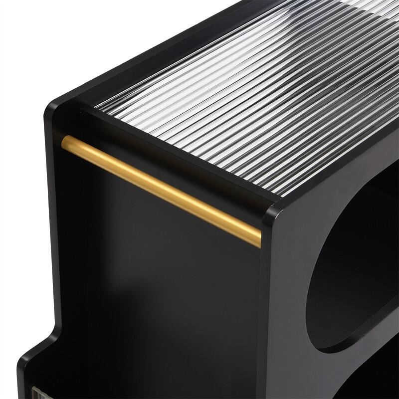 Mobile End Table with Thick Fluted Tempered Glass, Narrow Side Table with Lockable Wheels and Open Storage Compartments