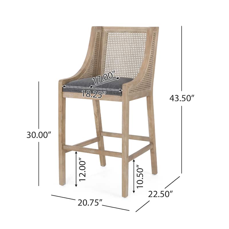 French Country Breck Upholstered Barstools with Cane Backrest (Set of 2) - 30-inch Seat Height by Christopher Knight Home