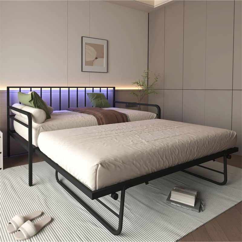 Twin Size Metal Daybed with RGB LED Lights,Charging Station,Trundle