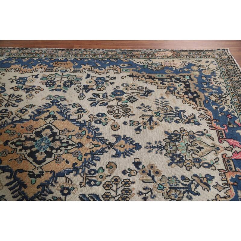 Hand Knotted Oriental 100% Wool Carpet Traditional Medallion Beige & Ivories Hamedan Area Rug - 9' 11'' X 6' 7''