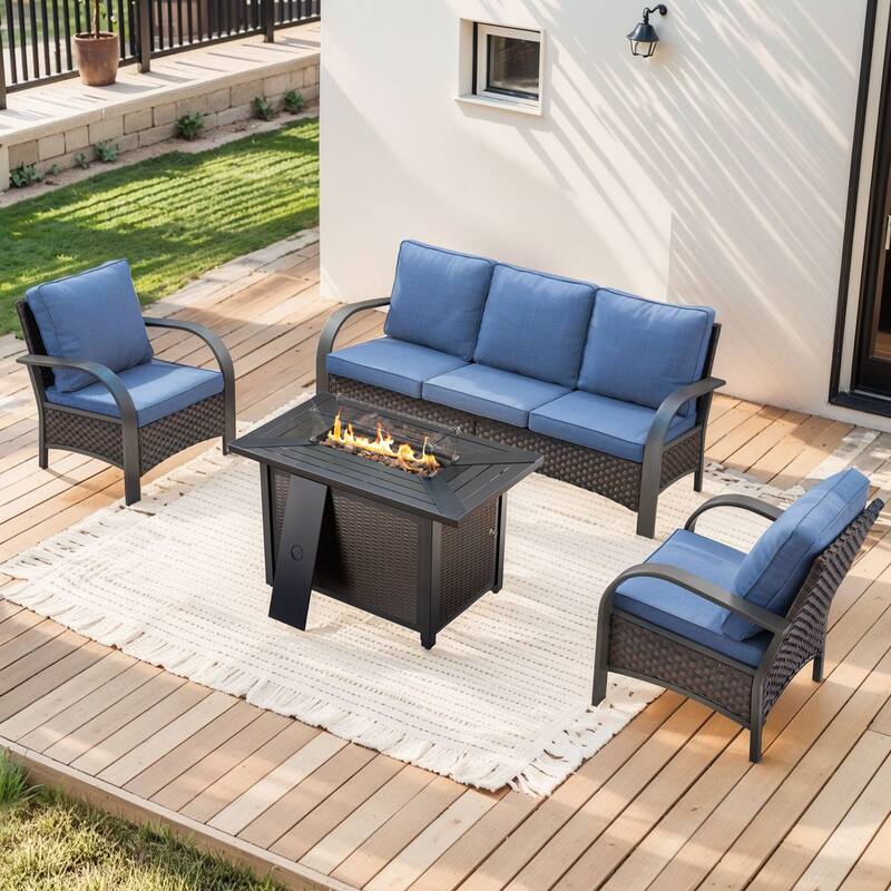 Propane Fire Pit with Outdoor Patio Funiture Set - Brown Rattan - Blue Cushion - 4PCS Sofa Club Chair with Fire Table