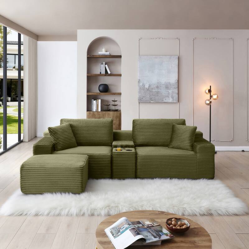 111" L-Shaped Corduroy Boneless Sectional Sofa with Ottoman